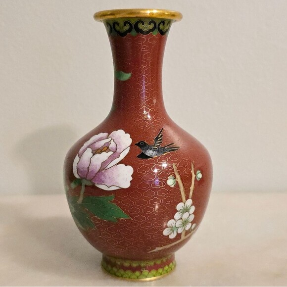 Vintage Antique Chinese Cloisonne Enamel on Brass Red Vase Bird and Flowers - Picture 1 of 8
